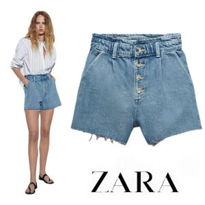 ZARA | Mid Blue | Z1975 HIGH RISE BAGGY PAPERBAG SHORTS